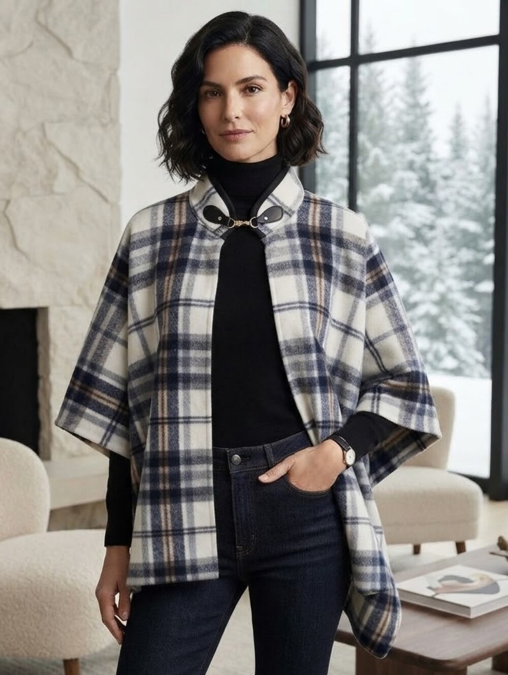 NWT Canada Weathergear O/S Plaid Fleece Flannel Poncho Old Money Coastal Cozy